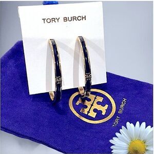 TORY BURCH 18 K GOLD AND BLACK ENAMEL HOOP EARRINGS